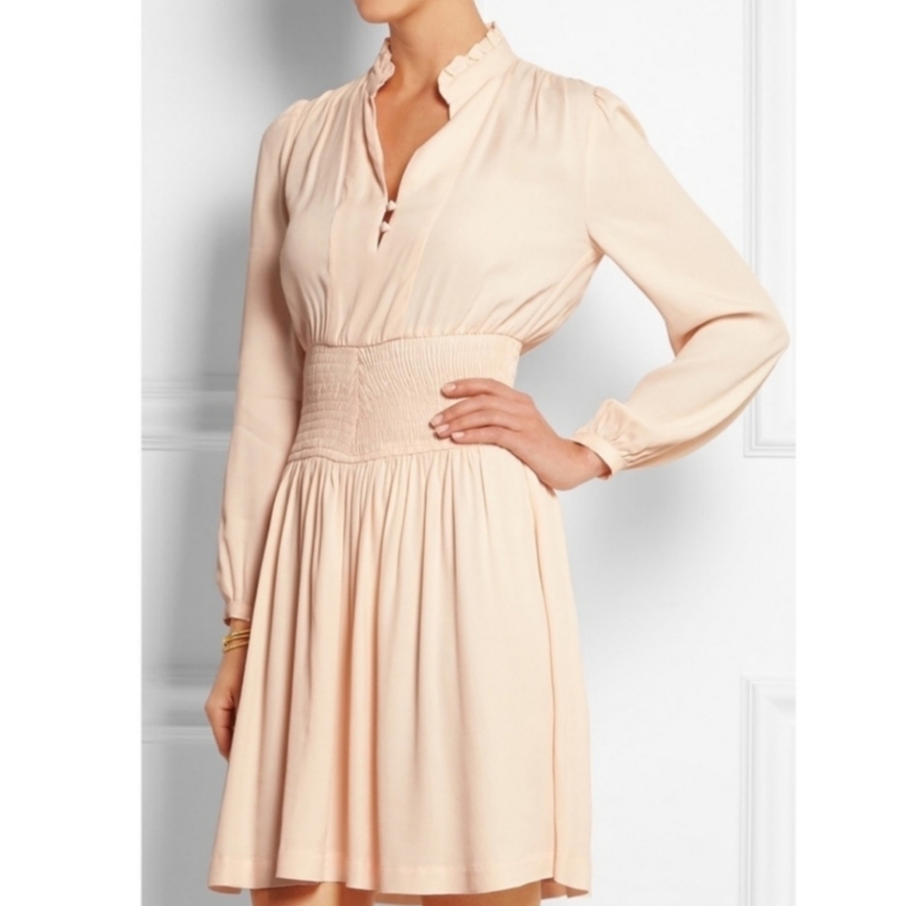 MAJE Rituel Smocked Waist Crepe Long Sleeve Dress‎ Lined Sz 1/S